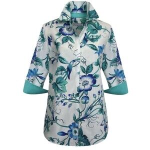 Perlavera Cos Ivy Aqua Floral Printed 3/4 Sleeve Shirt Button Down Cotton Sz XL